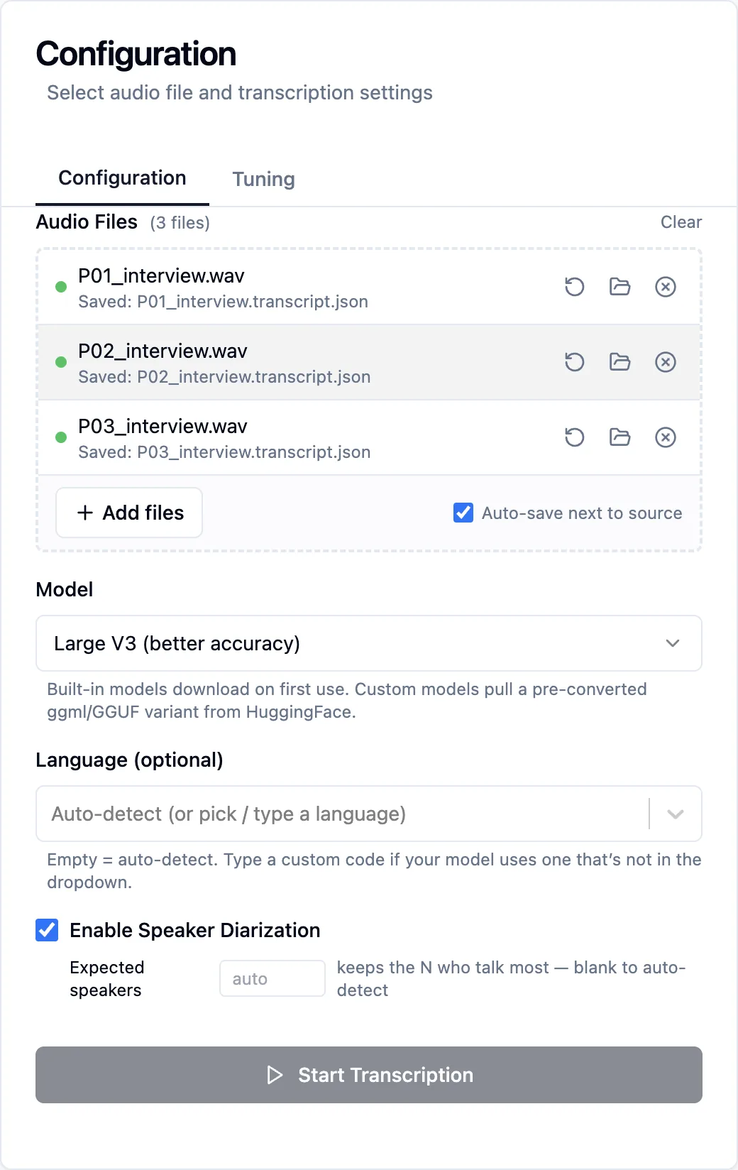 The Configuration tab with three finished files, Large V3 selected, language on auto-detect, speaker diarization ticked and Expected speakers blank
