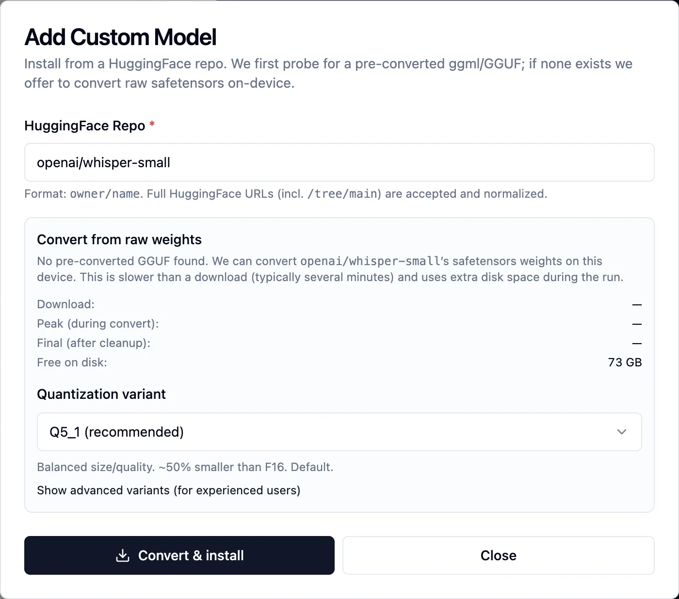 Convert from raw weights panel with free disk space and a Quantization variant menu set to Q5_1 (recommended)