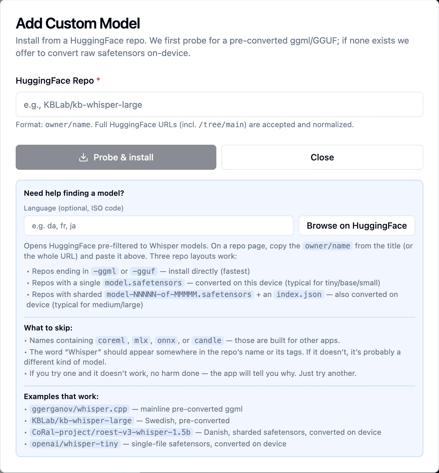 Add Custom Model dialog with a field for the HuggingFace repo, a Browse on HuggingFace button and advice on which repos work