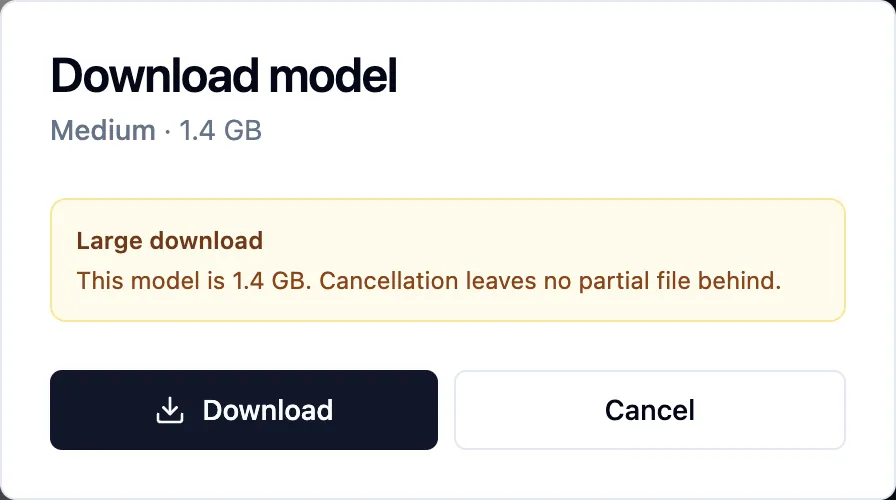 Download model dialog for Medium, 1.4 GB, with a Large download warning and Download and Cancel buttons