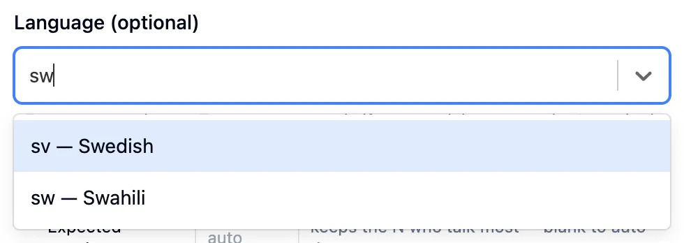 The language picker filtered by typing sw, showing sv Swedish and sw Swahili