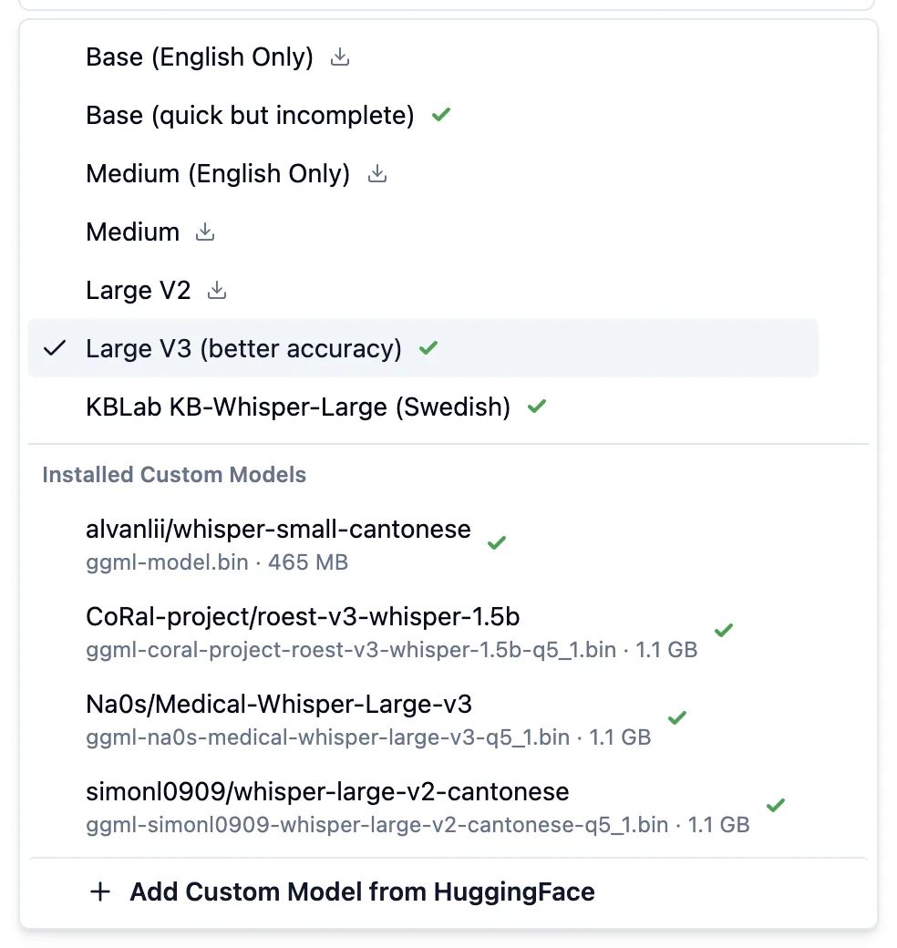 The model menu: built-in models with download or tick icons, installed custom models, and Add Custom Model from HuggingFace
