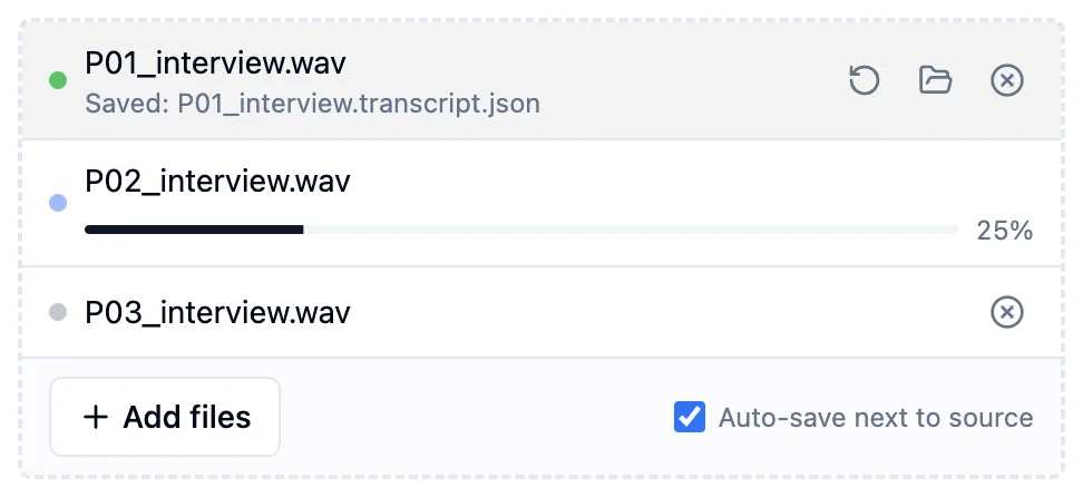 The file list: one finished file with a Saved note, one running at 25%, one waiting