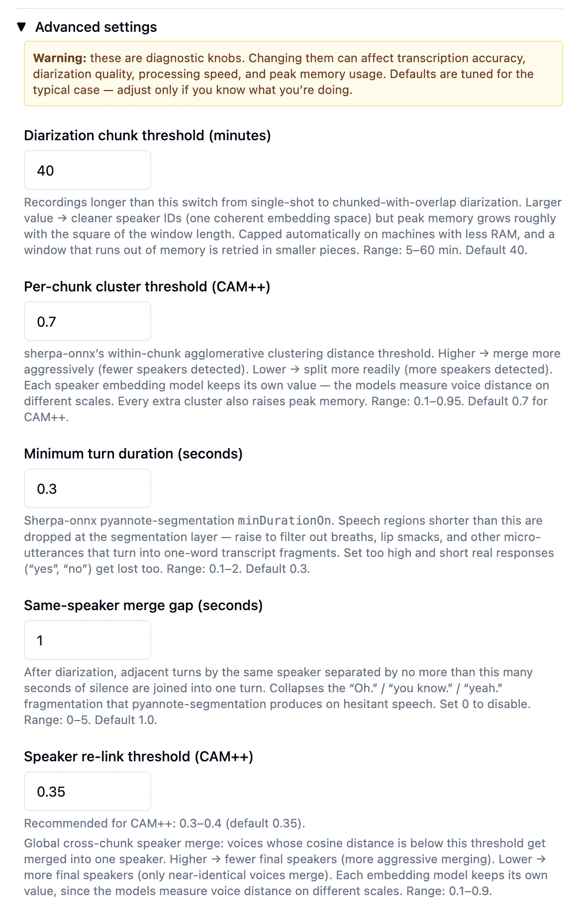 Advanced settings with a warning and fields for chunk threshold 40, cluster threshold 0.7, minimum turn duration 0.3, merge gap 1 and re-link threshold 0.35