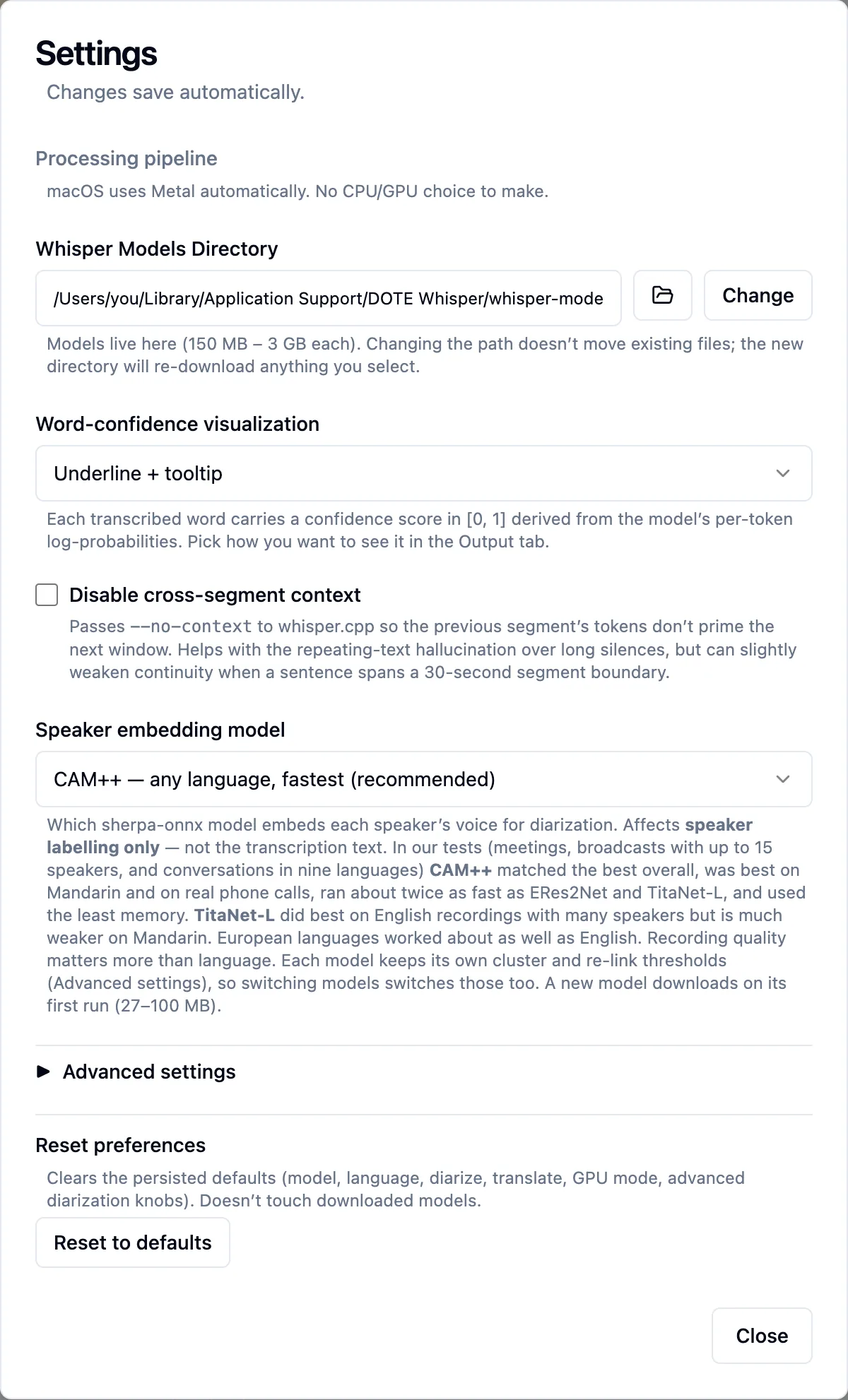 Settings dialog: processing pipeline, Whisper models directory, word-confidence visualization, speaker embedding model, Advanced settings and Reset preferences