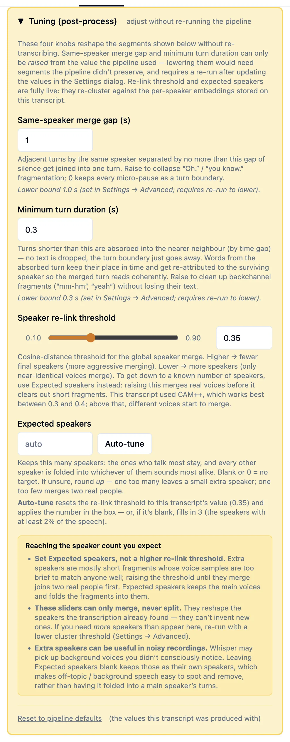 The Tuning panel with same-speaker merge gap, minimum turn duration, speaker re-link threshold slider, expected speakers with Auto-tune, tips, and Reset to pipeline defaults